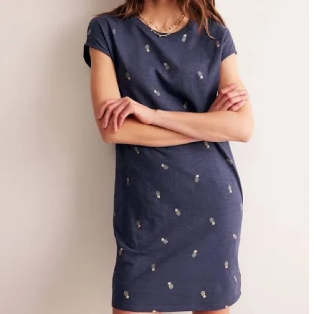 Boden Navy Blue Gold Foil Pineapple Slub Cotton T-Shirt Dress US 6R UK 10R
